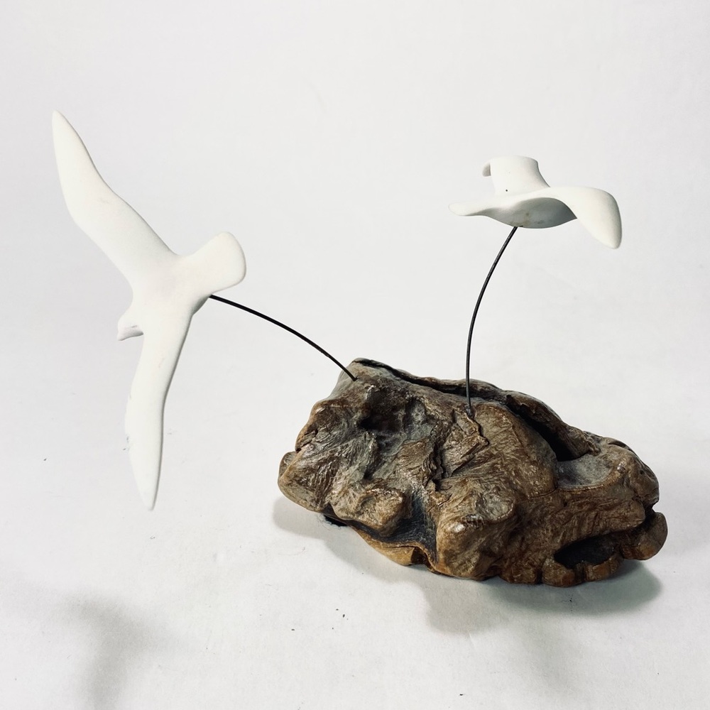 John Perry MCM Mid-Century Modern Seagull Birds Sculpture Burlwood Signed